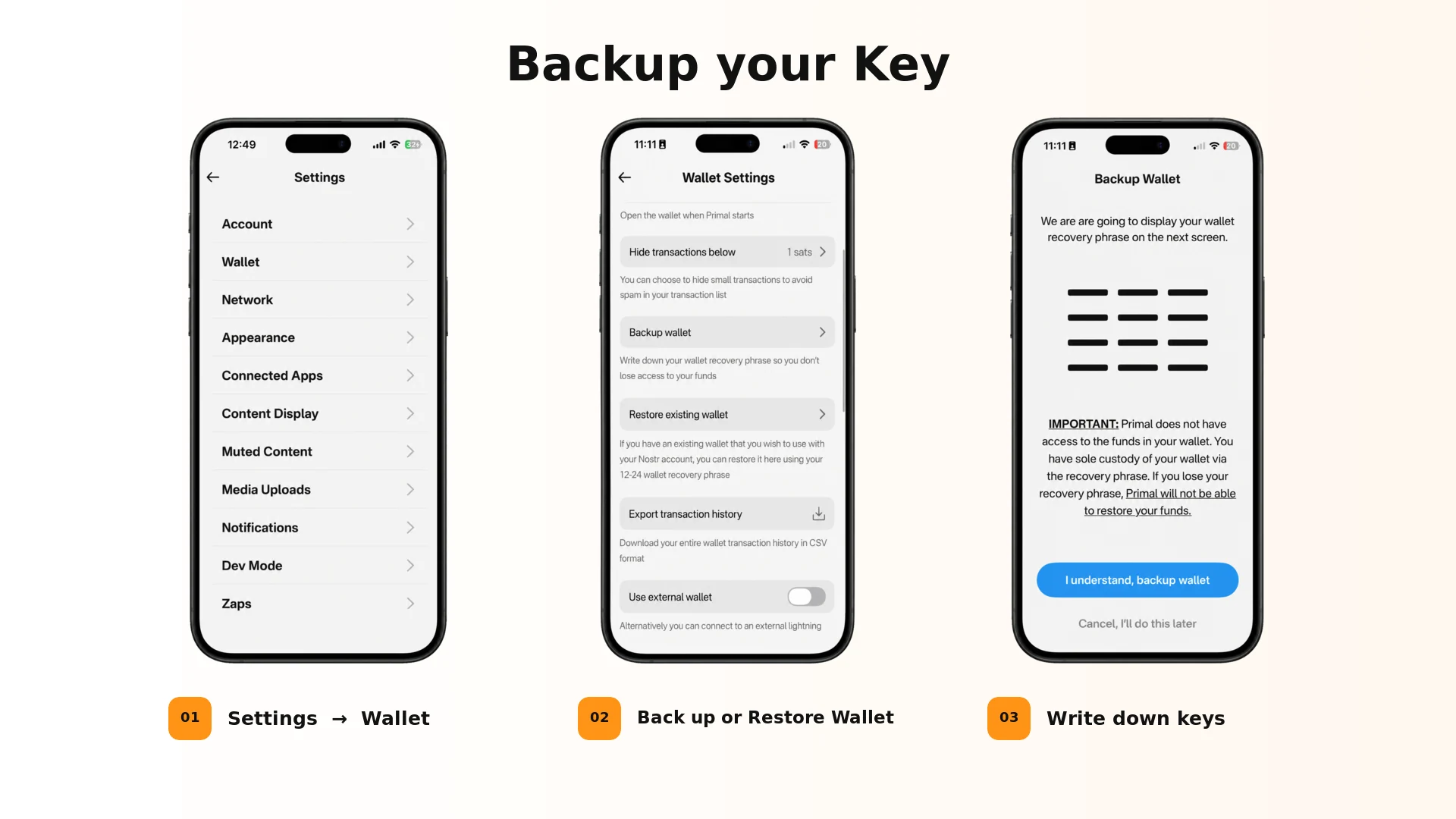 Primal settings screens showing how to open the wallet backup