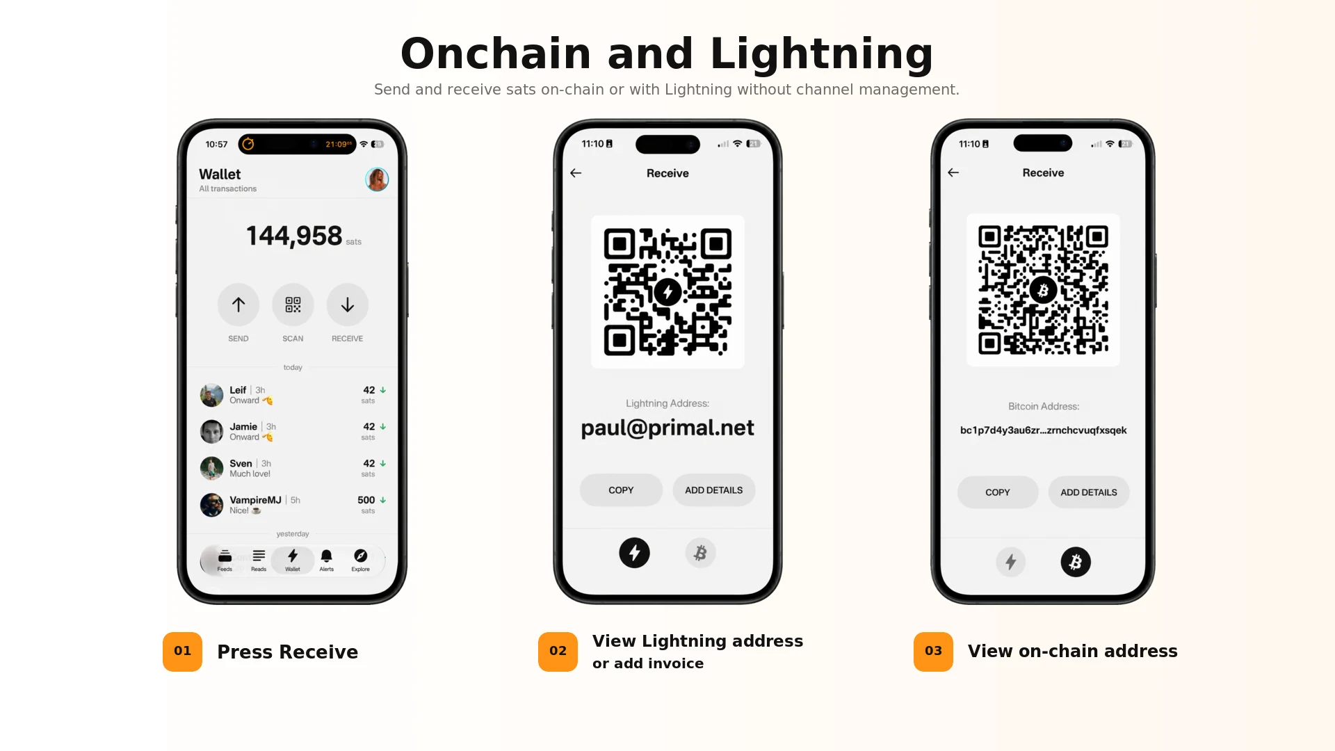 Primal Wallet screens showing Lightning and on-chain receive options
