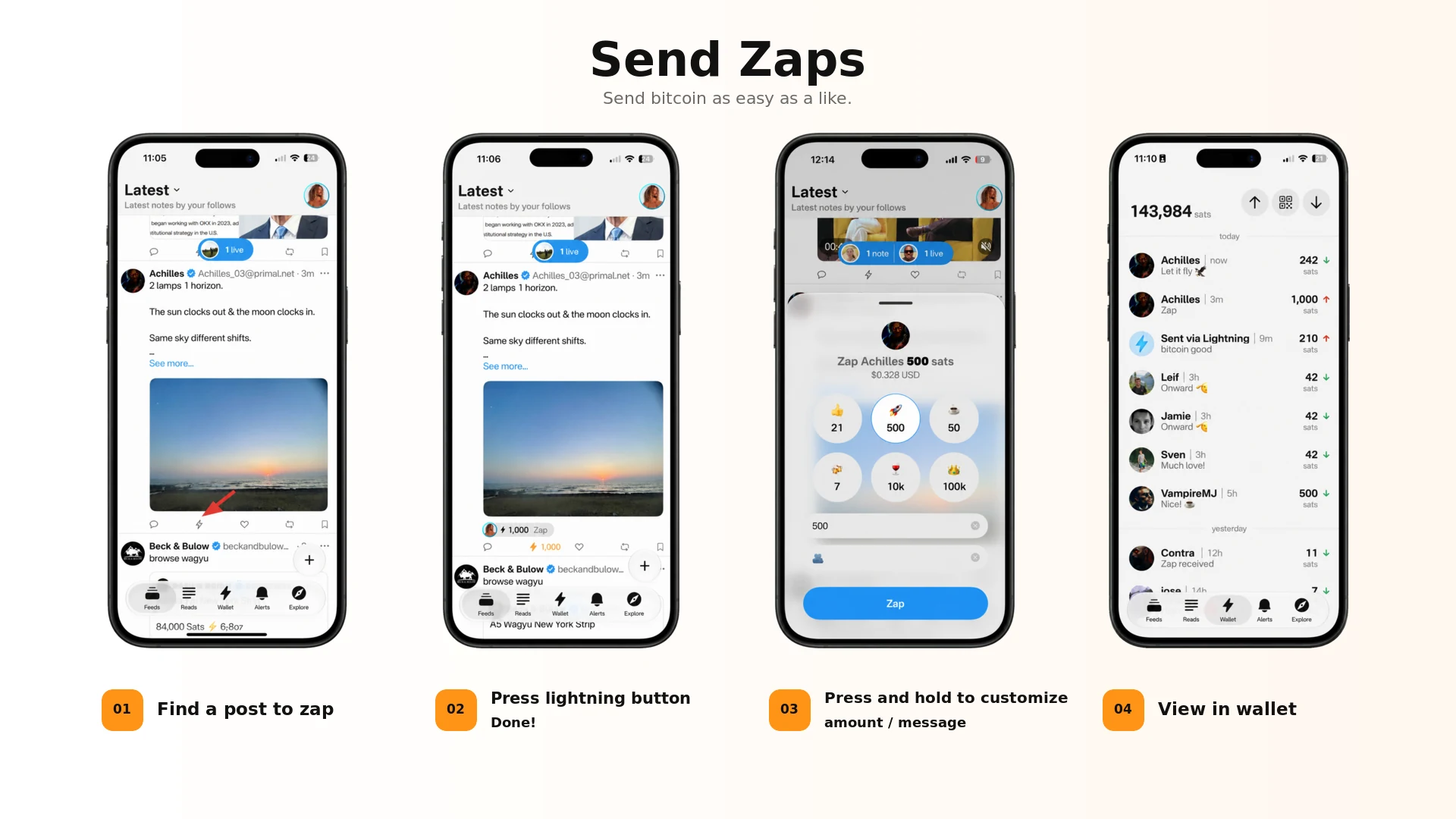Primal screens showing the steps to zap a Nostr post